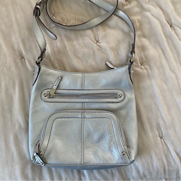Tignanello Bags Tignanello Silver Leather Crossbody Purse Built In